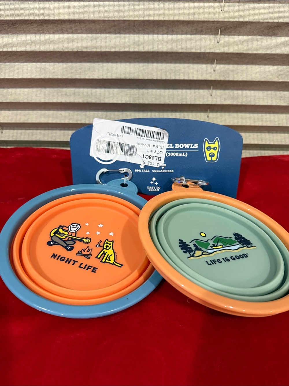 Life Is Good Orange & Sage Collapsible Silicone Travel Bowls with Blue Trim